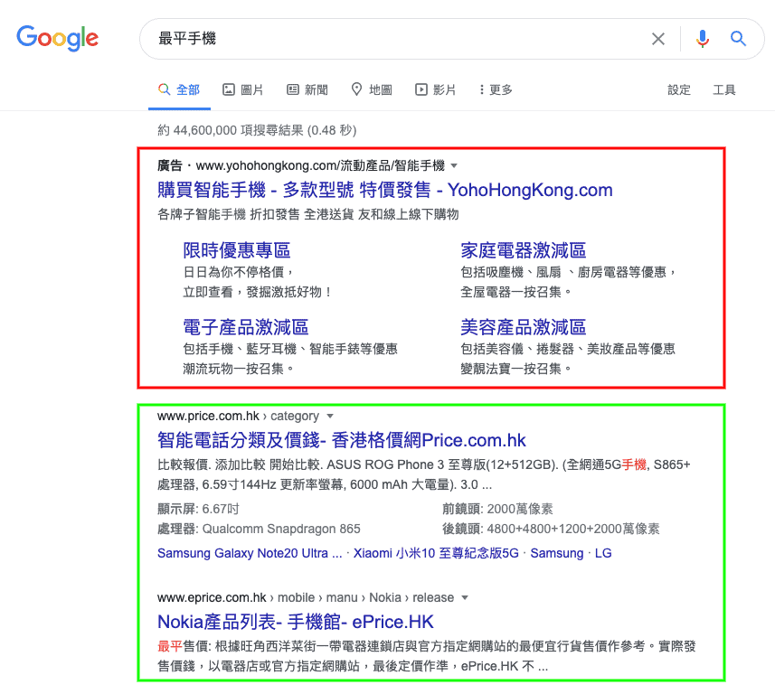 圖片紅色的位置就是 Google 廣告 (SEM)，綠色的位置就是自然排名 (SEO)。