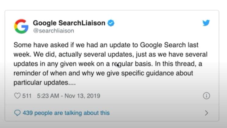 Google search 更新 twitter 公告 2019 年 11 月