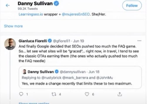 FAQ schema 結構化數據顯示只有 2 個 (以前有 4 個) Danny Sullivan 對 FAQ 的回應