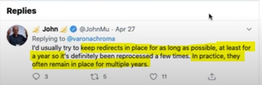 301 redirect 保存多久? John Muller 回答