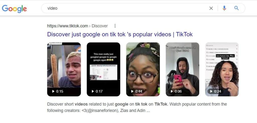 TikTok / IG 坐大,40% 後生仔女唔再用Google作為門戶網站 Google search 結果顯示 TiktTok 和 IG 的網站視頻