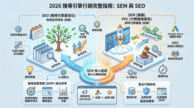 SEM 是什麼？2026 搜尋引擎行銷完整指南：從 SEO 差異到廣告策略布局