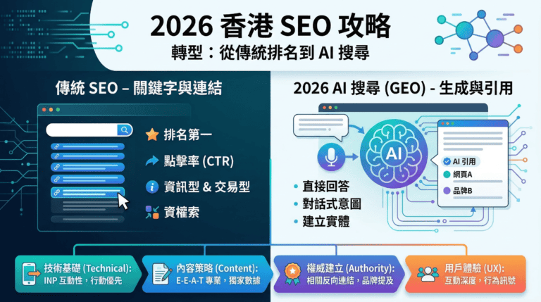 SEO 是什麼？2026 搜尋引擎優化全攻略：從傳統排名到 AI 搜尋流量 (香港行銷人指南)